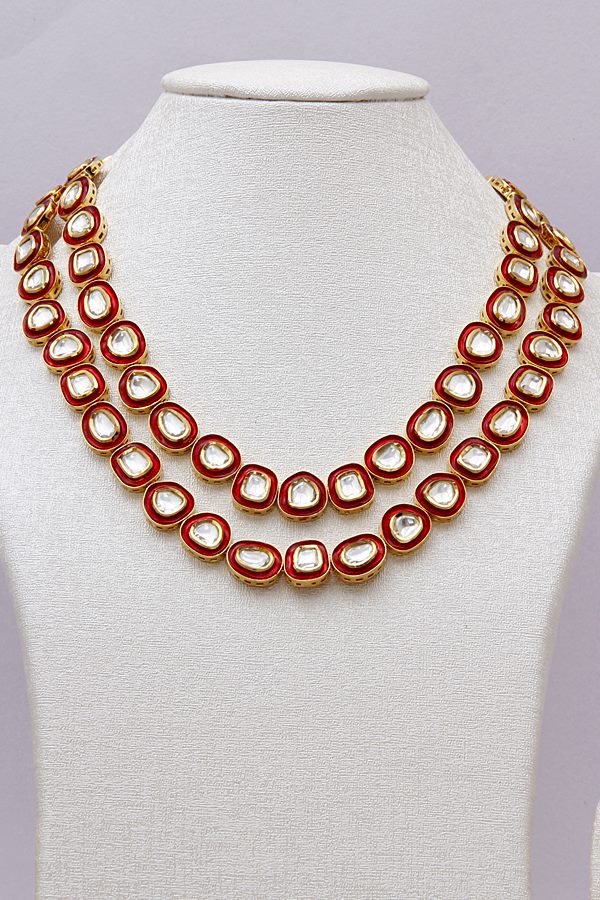 Layered Uncut Polki Kundan Red Meena Long Necklace - Rent Jewels