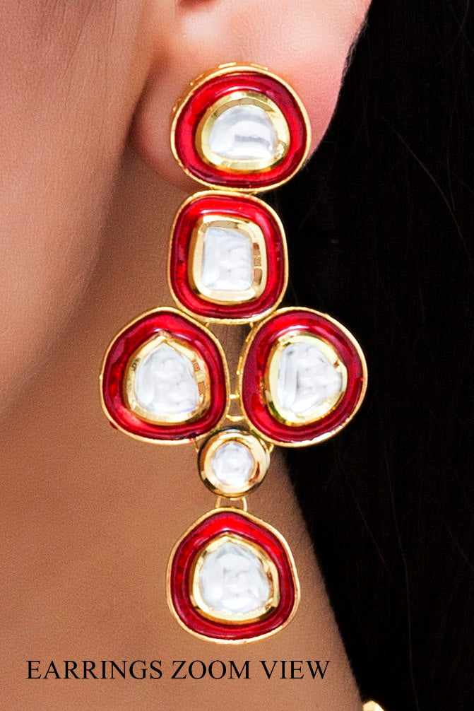 Layered Uncut Polki Kundan Red Meena Long Necklace - Rent Jewels