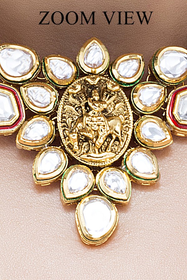Fusion Temple Polki Kundan Red Meena Necklace Set - Rent Jewels