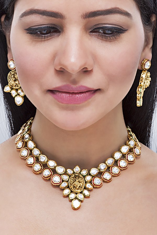 Fusion Temple Polki Kundan Red Meena Necklace Set - Rent Jewels