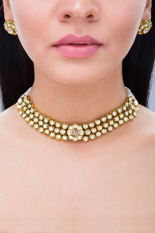Innovative Freshwater Pearls Kundan Choker Necklace Set - Rent Jewels