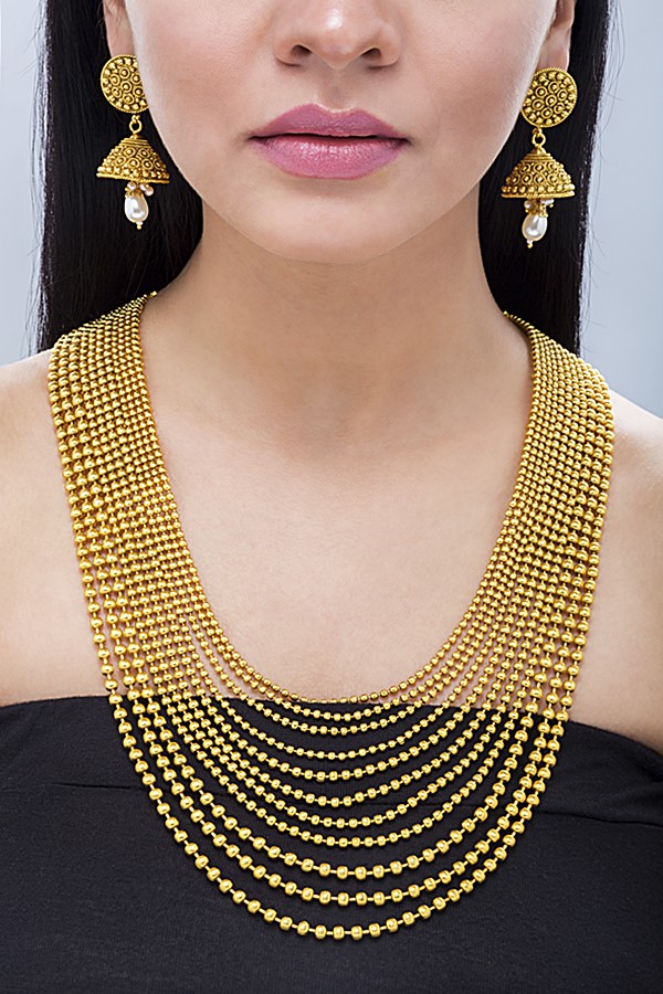 Royal 11-Layered Gold Plated Beads Necklace Set - Rent Jewels