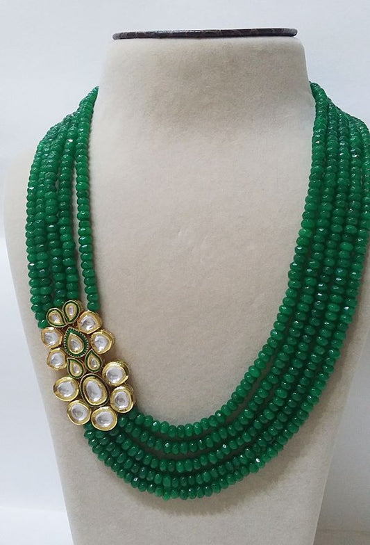 Layered Emerald Green Beaded Kundan Long Necklace