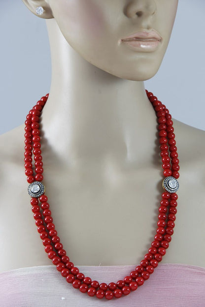 Red Corals 2 Layered CZ Long Necklace