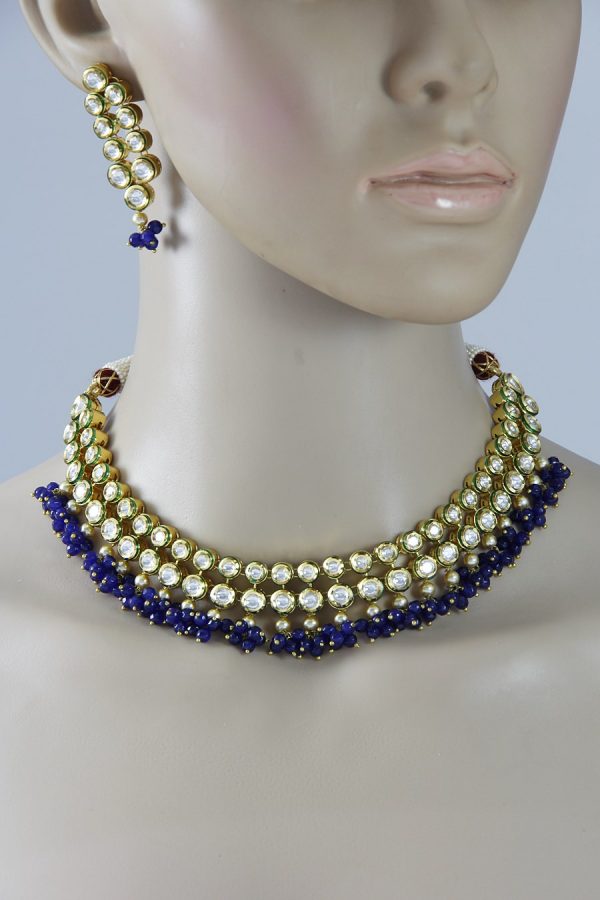 Polki Kundan Blue Drops 2-Layered Necklace Set - Rent Jewels