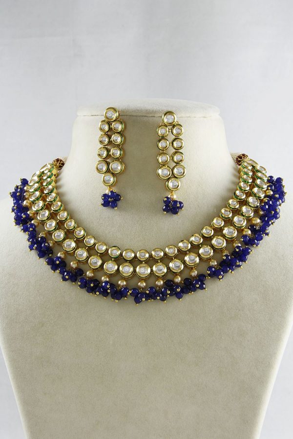Polki Kundan Blue Drops 2-Layered Necklace Set