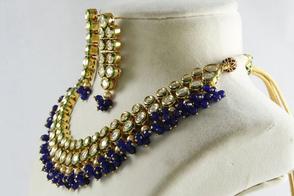 Polki Kundan Blue Drops 2-Layered Necklace Set - Rent Jewels