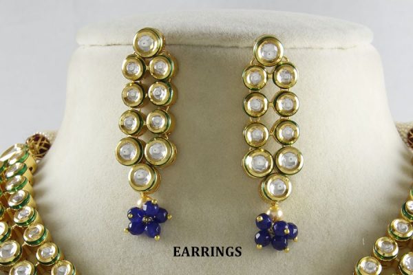 Polki Kundan Blue Drops 2-Layered Necklace Set - Rent Jewels