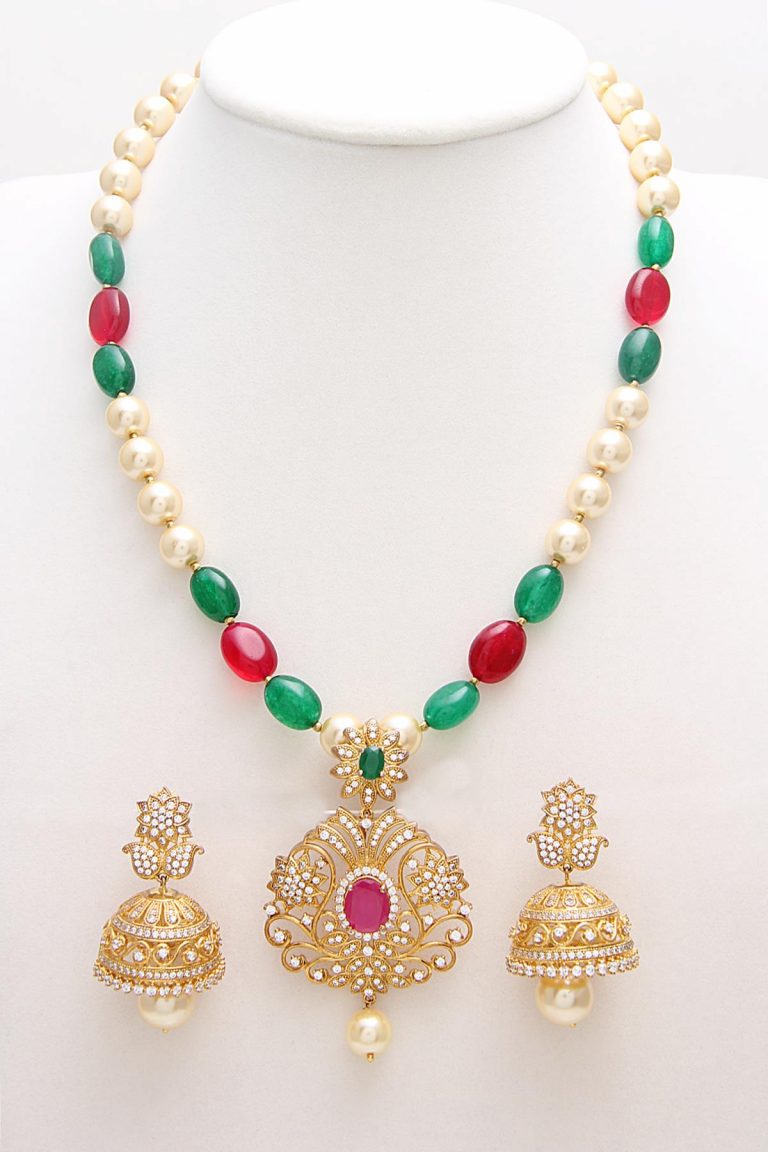 Multi Color Pearl Diamond Pendant Necklace Set - Rentjewels