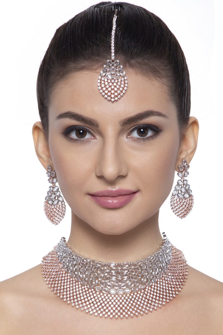 Rose Gold CZ Diamonds Choker Bridal Necklace Set - Rentjewels