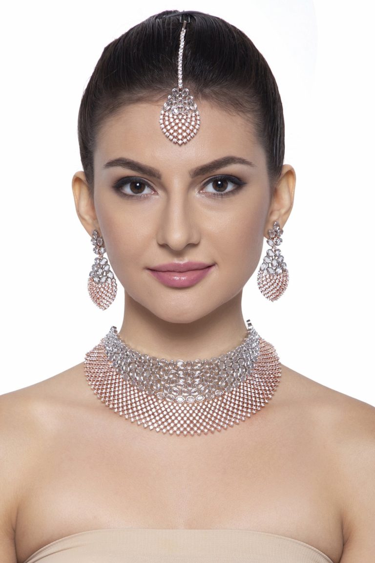 Rose Gold CZ Diamonds Choker Bridal Necklace Set - Rentjewels