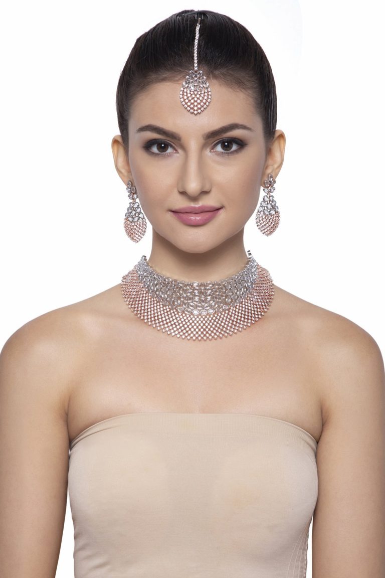 Rose Gold CZ Diamonds Choker Bridal Necklace Set - Rentjewels