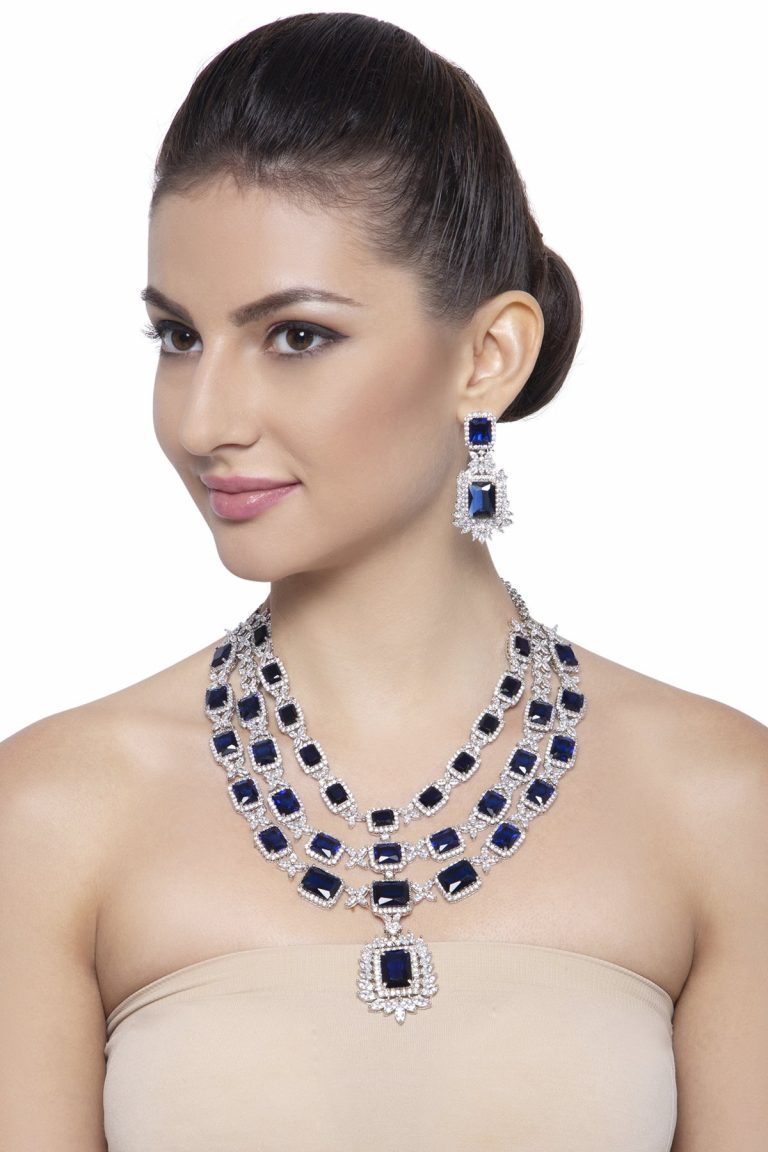 Layered Signity Diamonds Blue Swarovski Silver Necklace Set