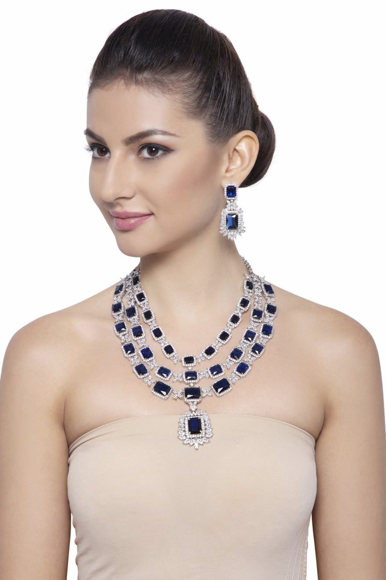 Layered Signity Diamonds Blue Swarovski Silver Necklace Set - Rentjewels