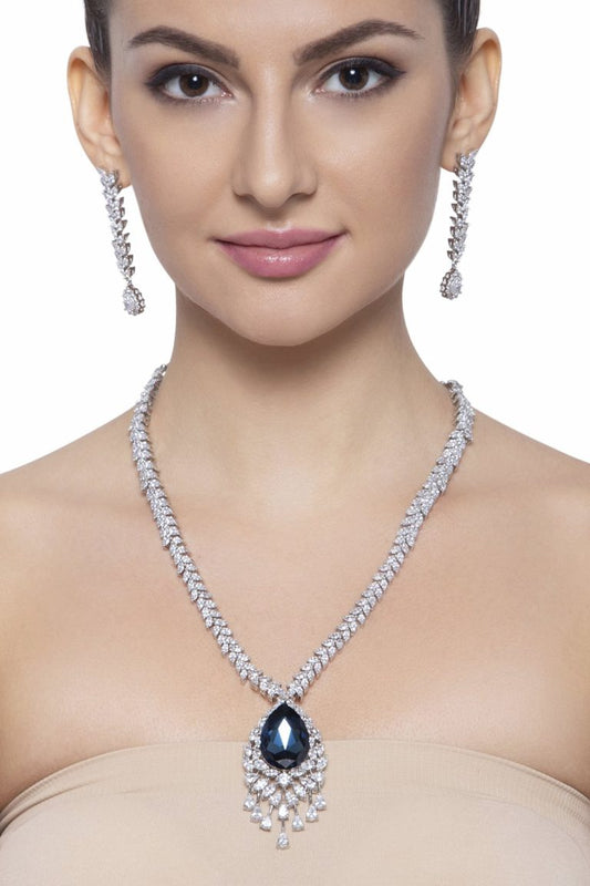 Signity Diamonds Blue Quartz Silver Party Necklace Set