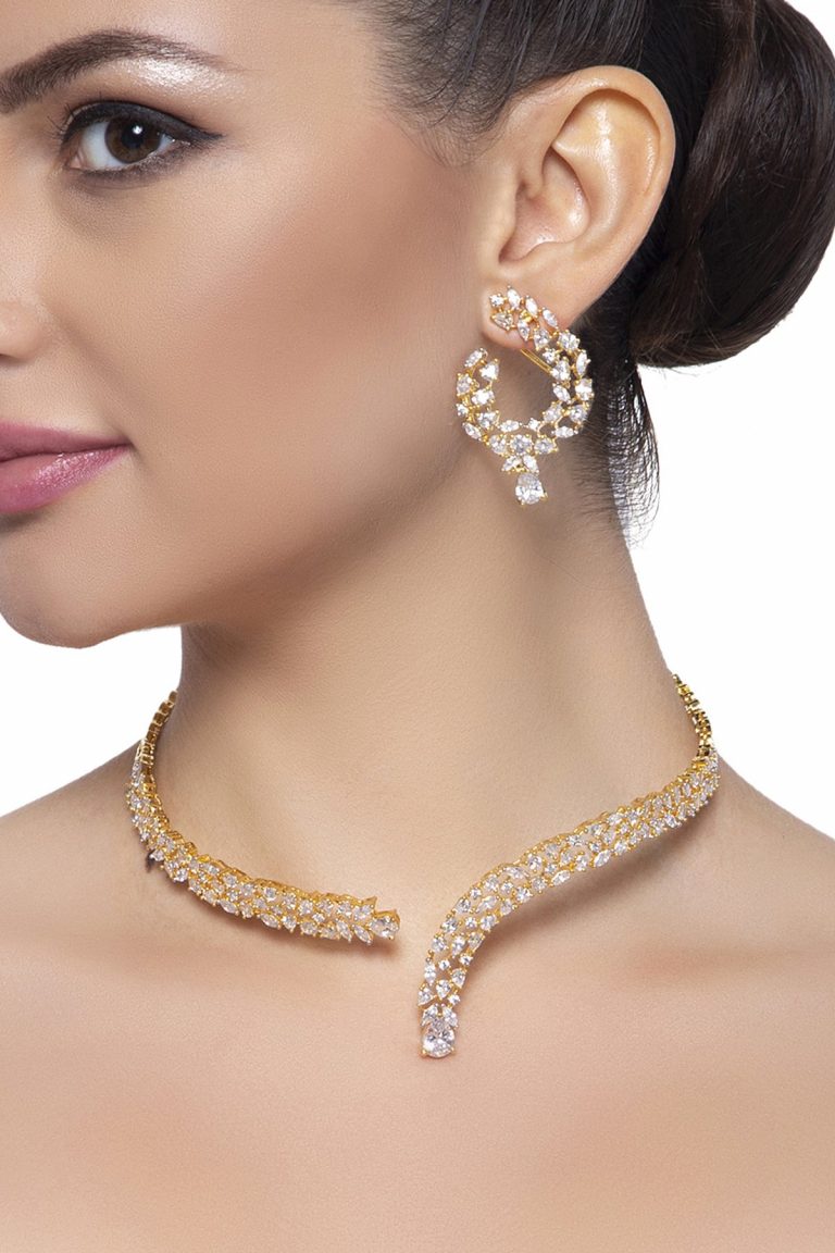 Diamond Choker Necklace Set Hasli Style - Rentjewels