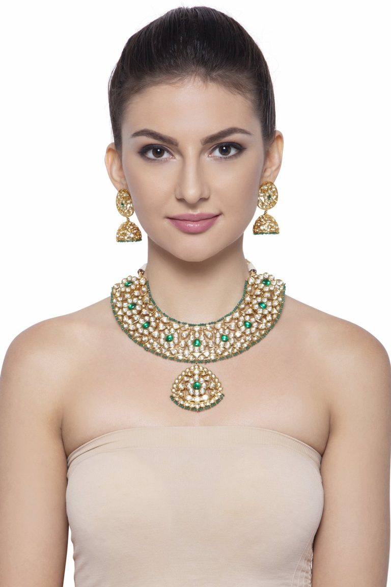 Polki Kundan Emerald Green Gemstone Necklace Set