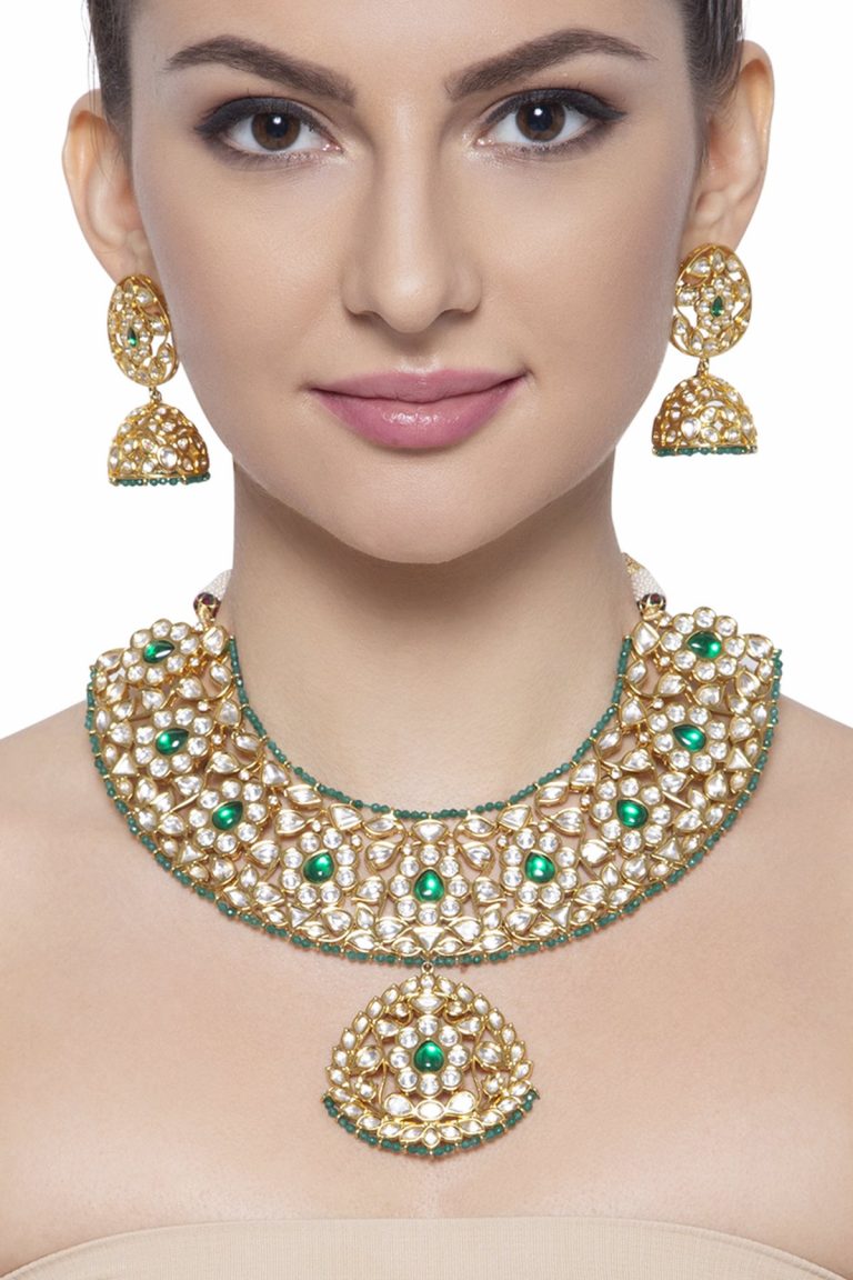 Polki Kundan Emerald Green Gemstone Necklace Set - Rentjewels