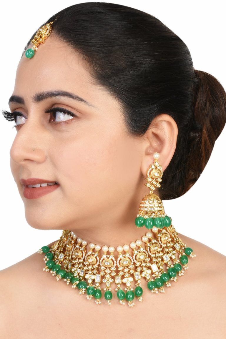 Kundan Choker Bridal Green Necklace Tika Set - Rentjewels