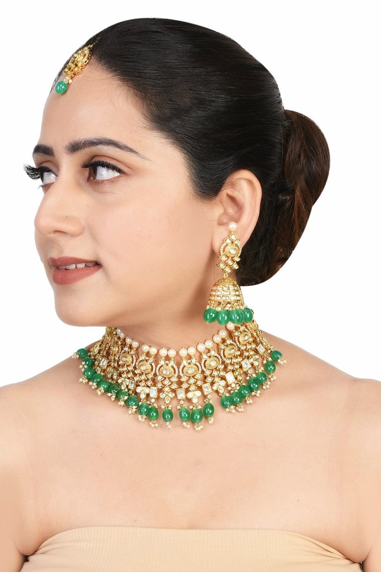 Kundan Choker Bridal Green Necklace Tika Set - Rentjewels