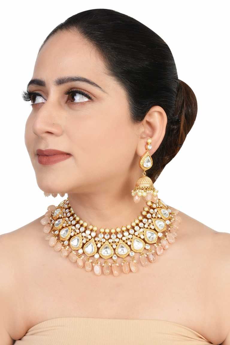 Antique Gold Kundan Choker Pink Necklace Set - Rentjewels