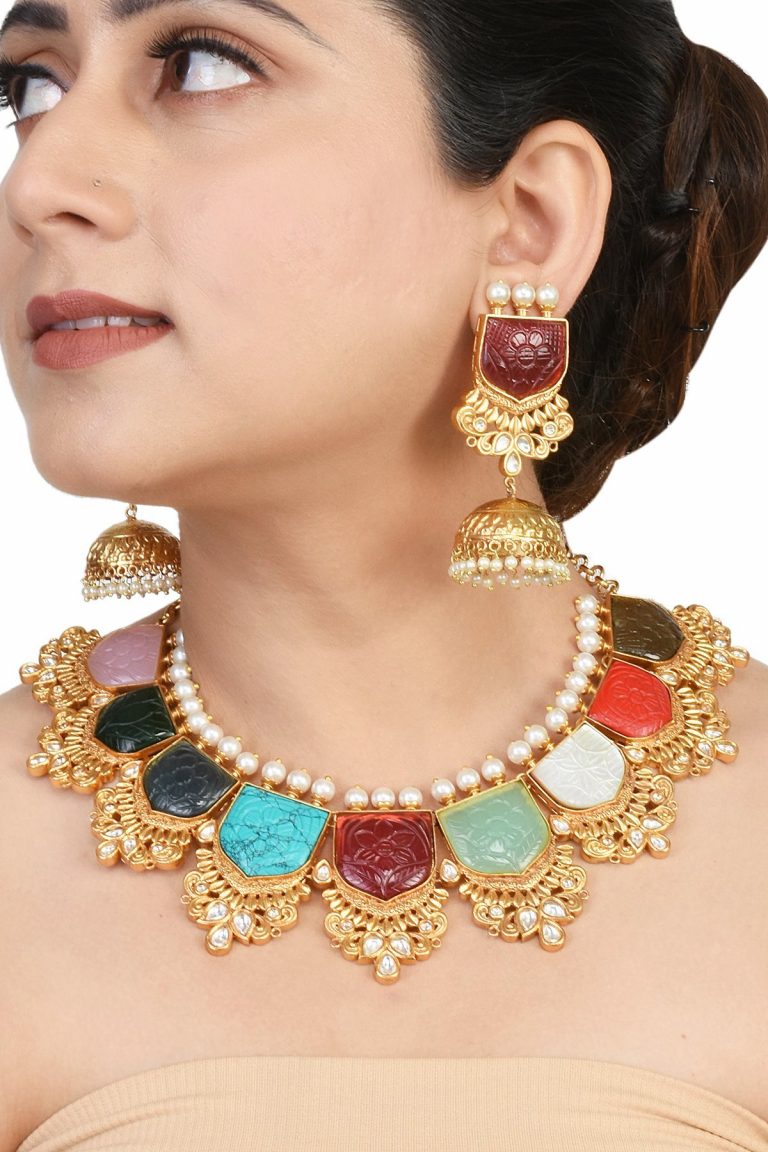 Navratna Stones Kundan Pearls Gold Necklace Set