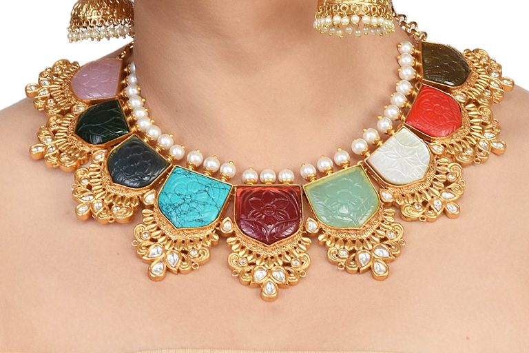 Navratna Stones Kundan Pearls Gold Necklace Set - Rentjewels