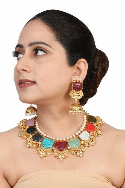 Navratna Stones Kundan Pearls Gold Necklace Set