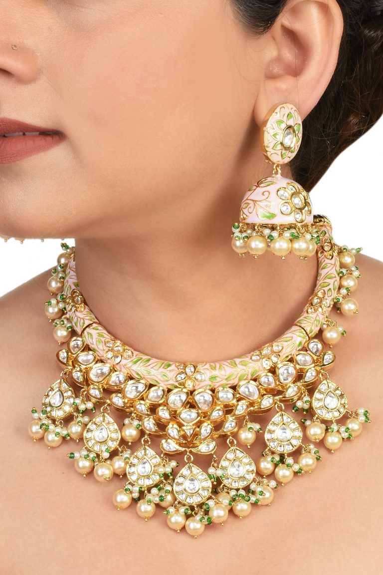 Kundan Hasli Pink Green Meena Gold Necklace Set