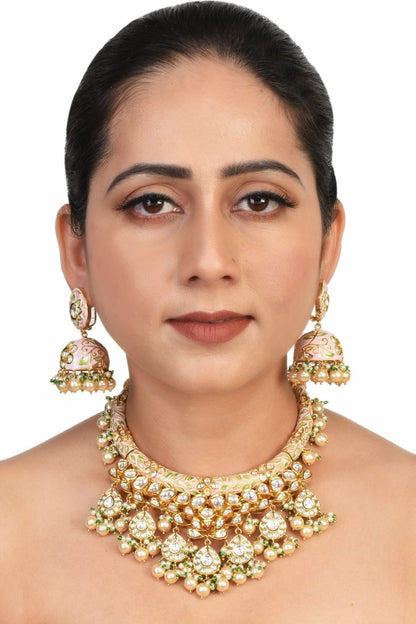 Kundan Hasli Pink Green Meena Gold Necklace Set