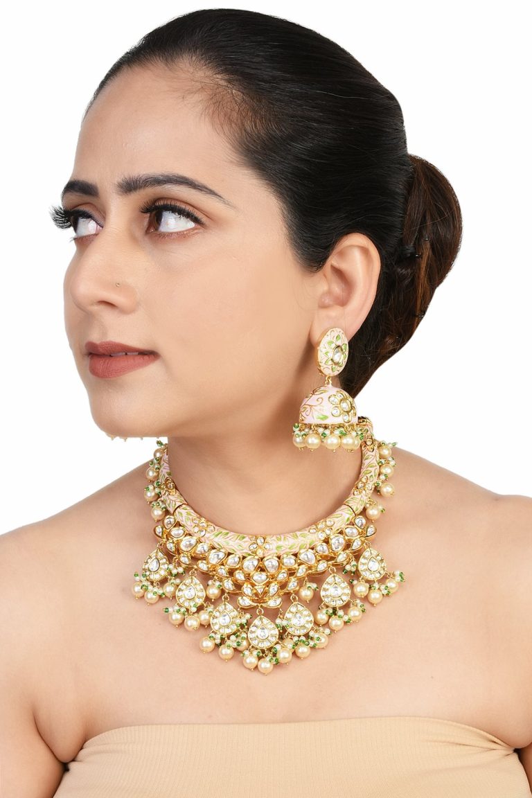 Kundan Hasli Pink Green Meena Gold Necklace Set - Rentjewels
