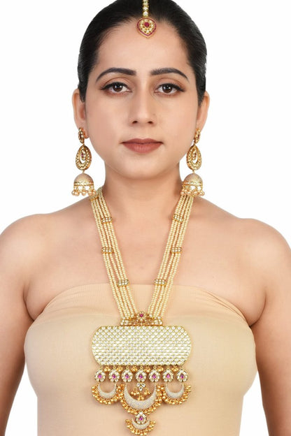 Gray Meena Kundan Pendant Long Bridal Necklace Set