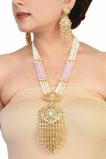 Pink Kundan Pendant White Pearls Long Necklace Set