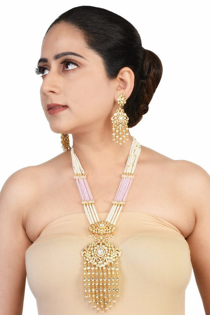 Pink Kundan Pendant White Pearls Long Necklace Set