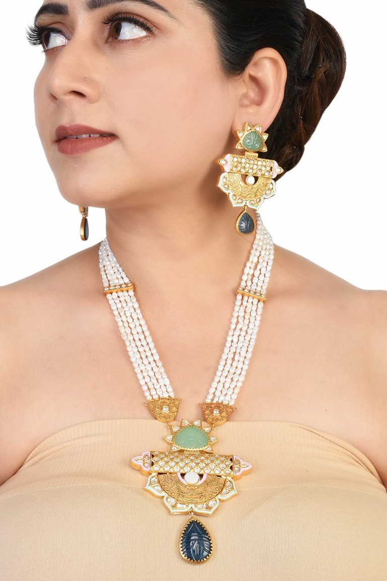 Freshwater Pearls Kundan Green Pendant Long Necklace Set - Rentjewels
