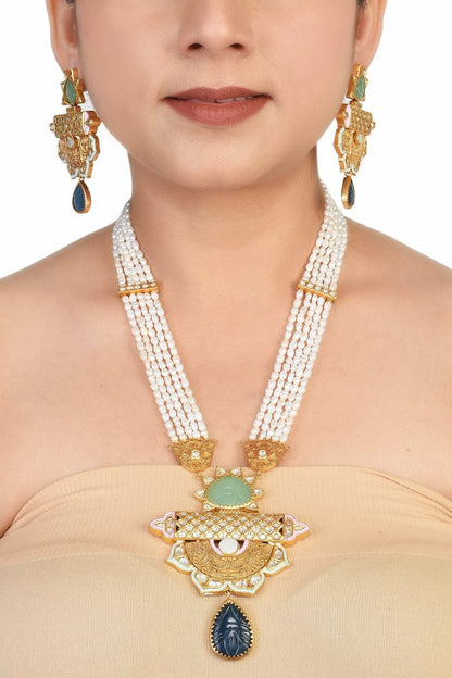 Freshwater Pearls Kundan Green Pendant Long Necklace Set