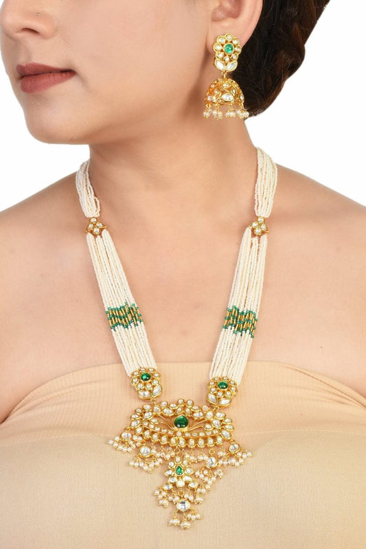 Kundan Pendant Green Pearls Long Necklace Set - Rentjewels