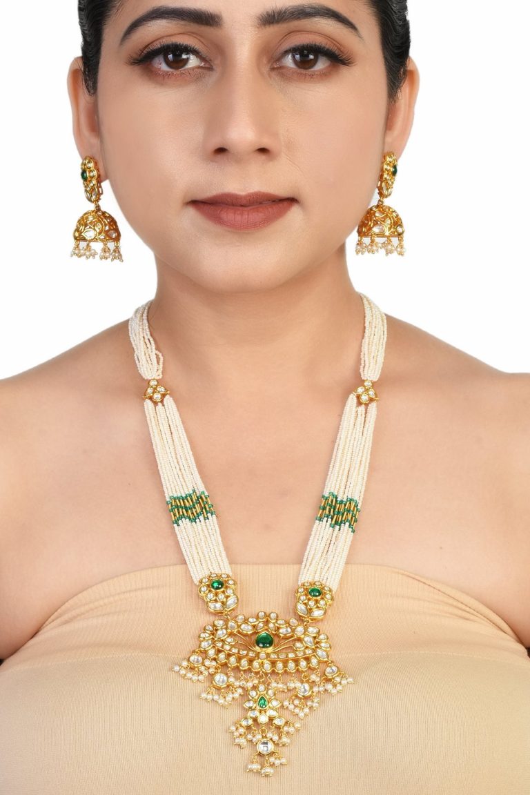 Kundan Pendant Green Pearls Long Necklace Set