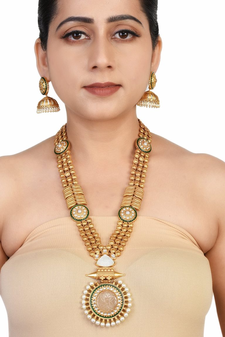 Antique Gold Pendant Kundan Pink Long Necklace Set - Rentjewels