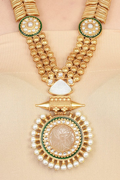 Antique Gold Pendant Kundan Pink Long Necklace Set - Rentjewels