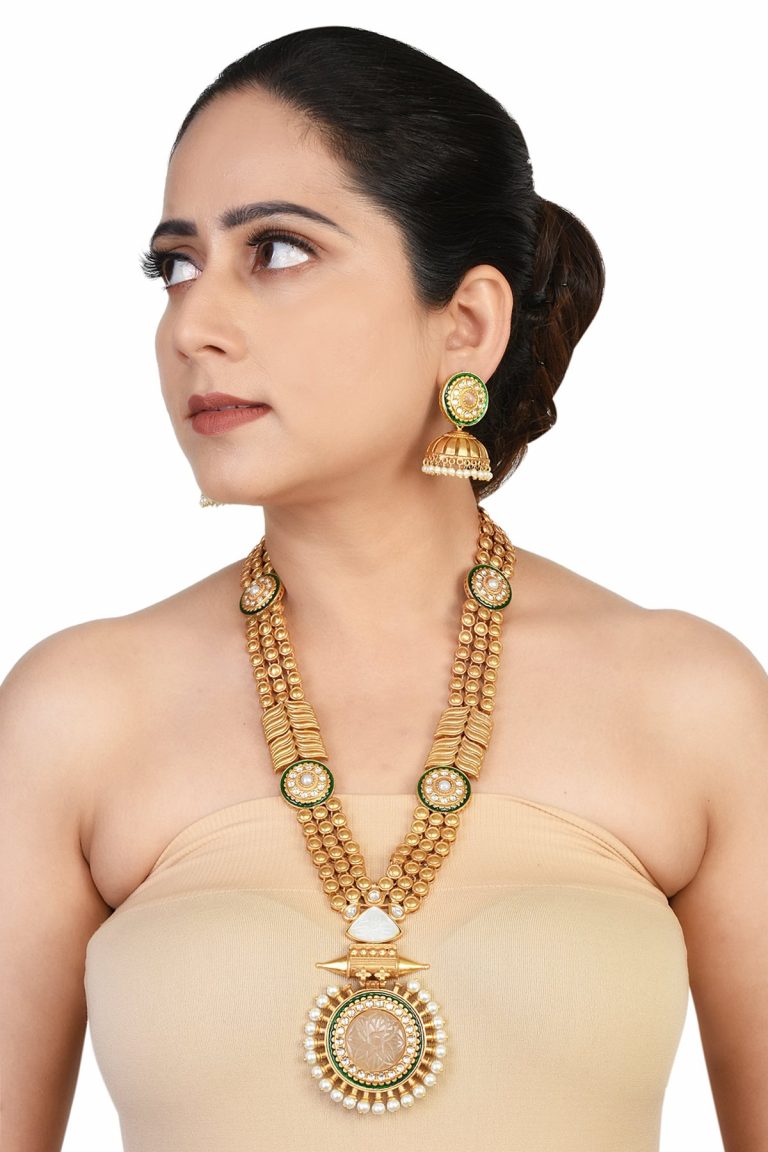 Antique Gold Pendant Kundan Pink Long Necklace Set - Rentjewels