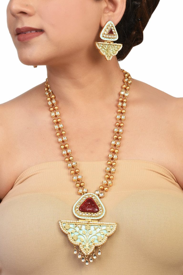 Mint Green Gold Pendant Kundan Long Necklace Set - Rentjewels