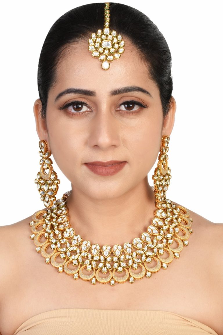Gray Meena Kundan Bridal Necklace Set with accessories - Rentjewels