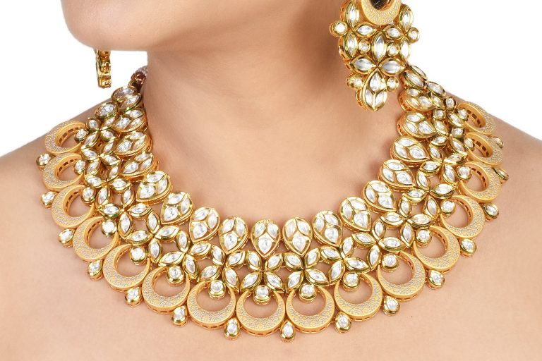 Gray Meena Kundan Bridal Necklace Set with accessories - Rentjewels