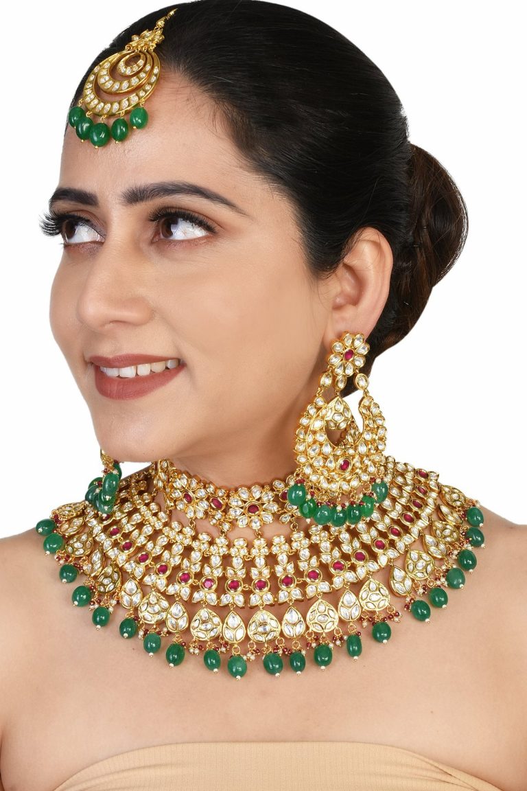 Red Green Kundan Choker Heavy Bridal Full Necklace Set
