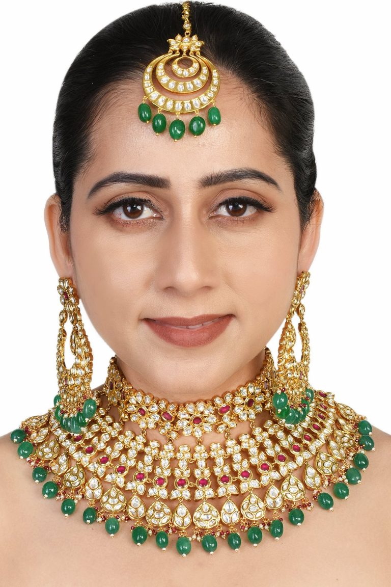 Red Green Kundan Choker Heavy Bridal Full Necklace Set