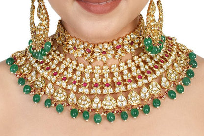 Red Green Kundan Choker Heavy Bridal Full Necklace Set - Rentjewels