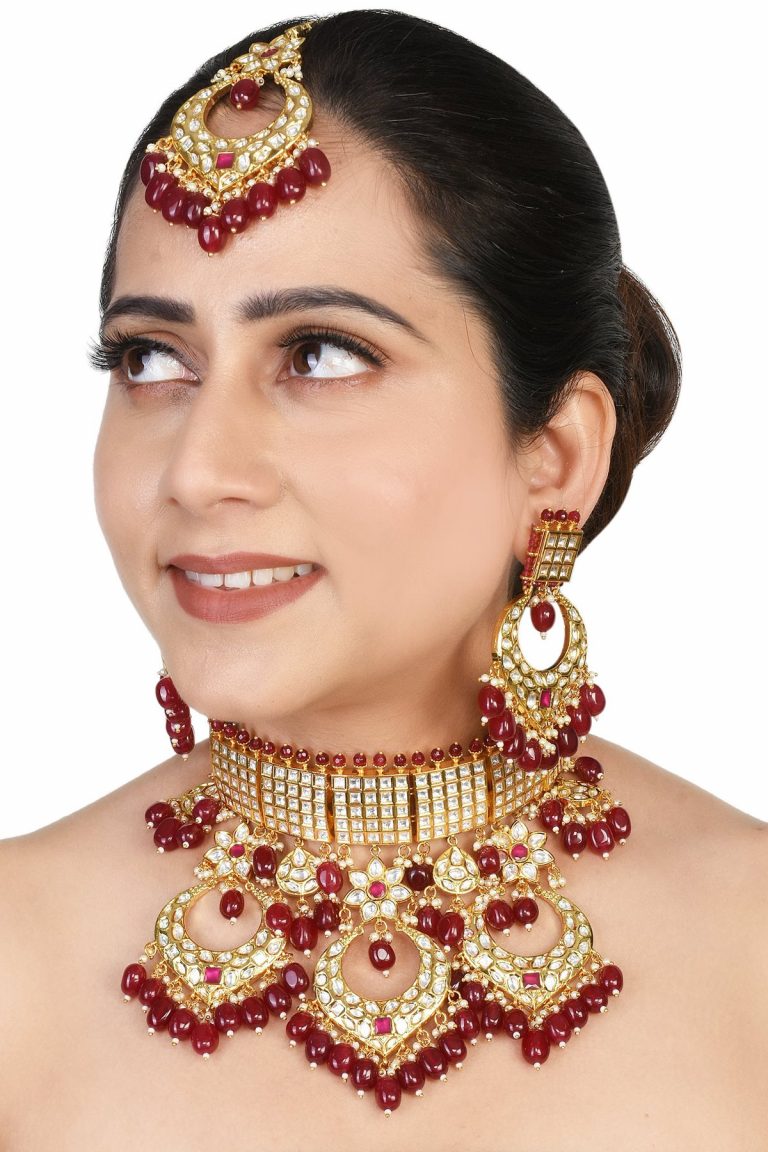 Statement Kundan Bridal Choker Red Necklace Set - Rentjewels