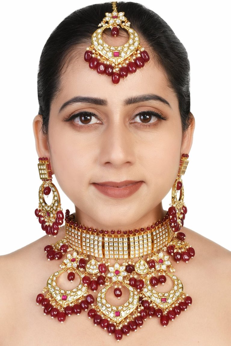 Statement Kundan Bridal Choker Red Necklace Set - Rentjewels