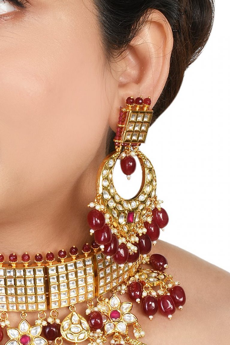 Statement Kundan Bridal Choker Red Necklace Set - Rentjewels